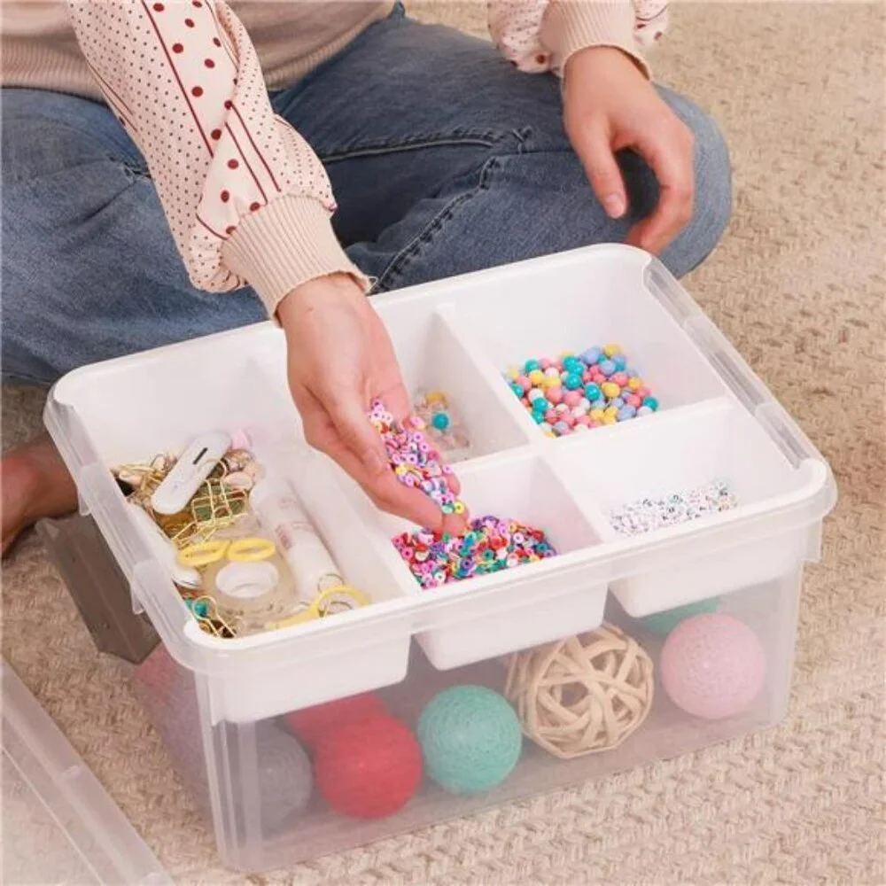 Large Plastic Storage Box with Removable Tray Organizer for Crafts Sewing Tools